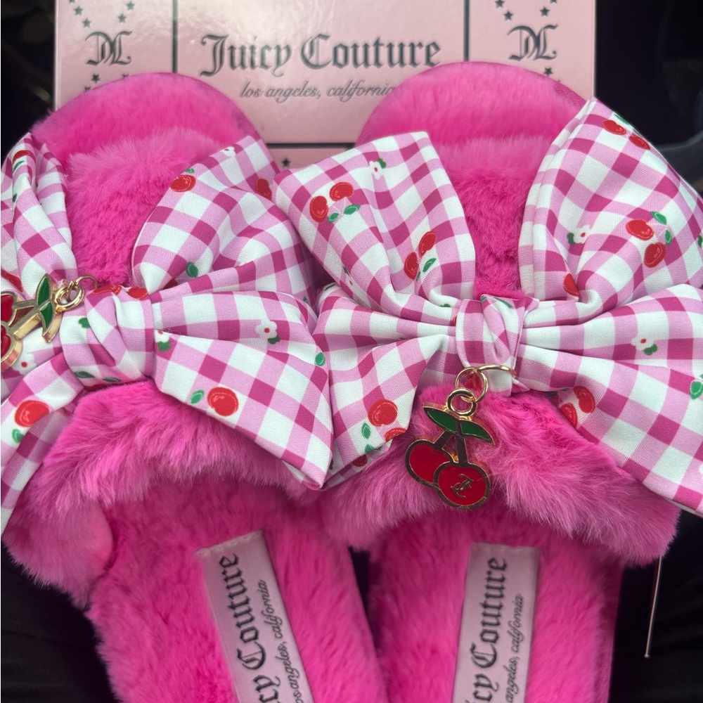 Juicy Couture Hot Pink Fuzzy Slides with Gingham Bow & Cherry Charm